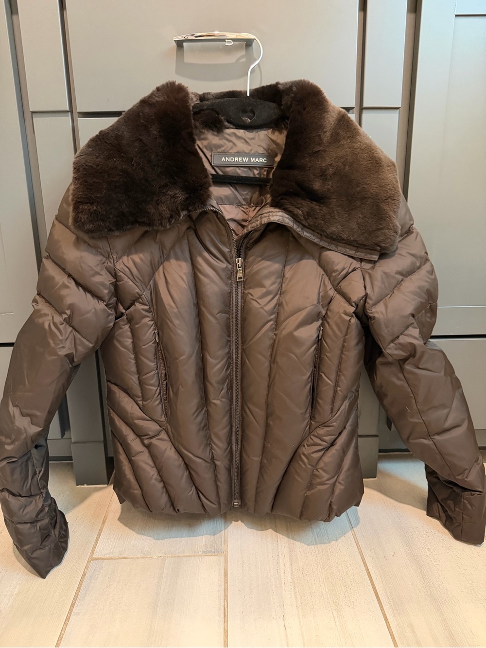 Andrew Marc Chocolate Brown Quilted Puffer Jacket with Faux Fur Collar